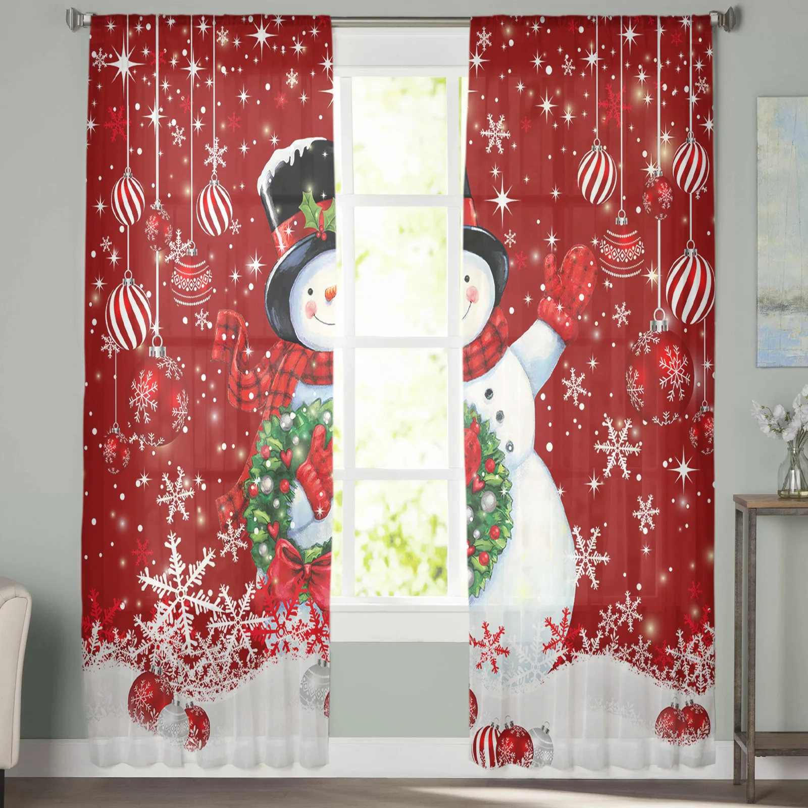 Рождественский зимний шар в виде снеговика, красная снежинка, шторы для гостиной, спальни, кухни, украшения окна, Тюлевая занавеска