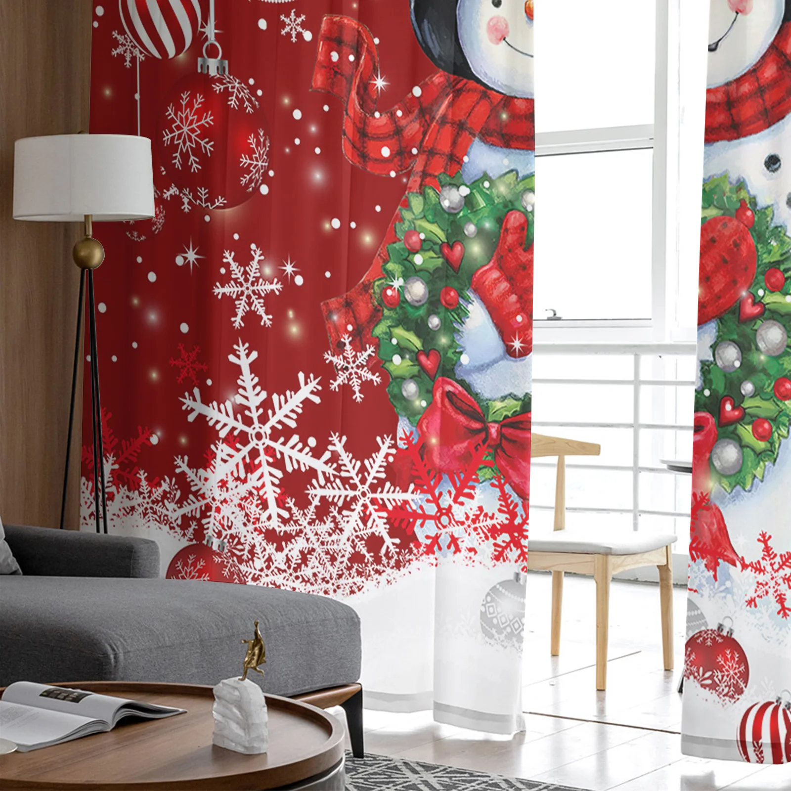 Рождественский зимний шар в виде снеговика, красная снежинка, шторы для гостиной, спальни, кухни, украшения окна, Тюлевая занавеска
