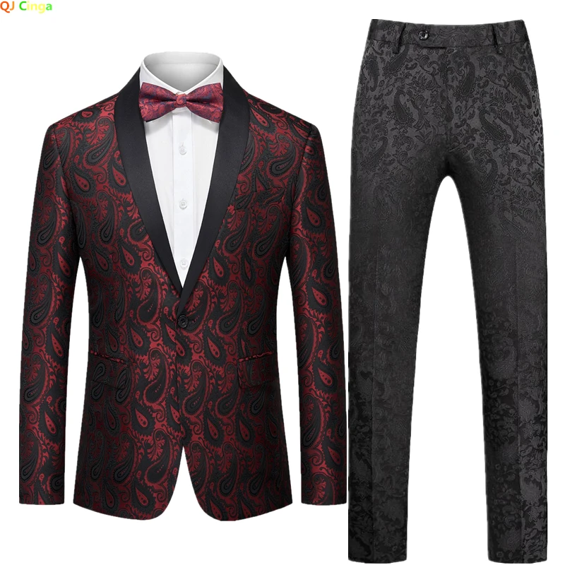 Костюм из жаккардовой ткани, мужской костюм для свадебной вечеринки, пиджак и брюки на одной пуговице, черные блейзеры с лацканами, Куртка, Брюки M-6XL