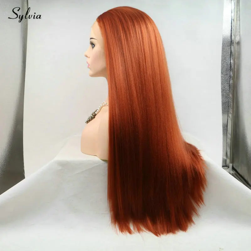 Сильвия 360 # Парик Яки Медно-Красный Синтетический Кружевной Фронт Парики для Женщин из Термостойкого Волокна Натуральных Пушистых Волос