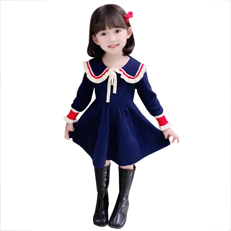 Весенне-осеннее платье для девочек С милым кукольным воротничком, вязаное шерстяное платье маленькой принцессы, высококачественная детская одежда