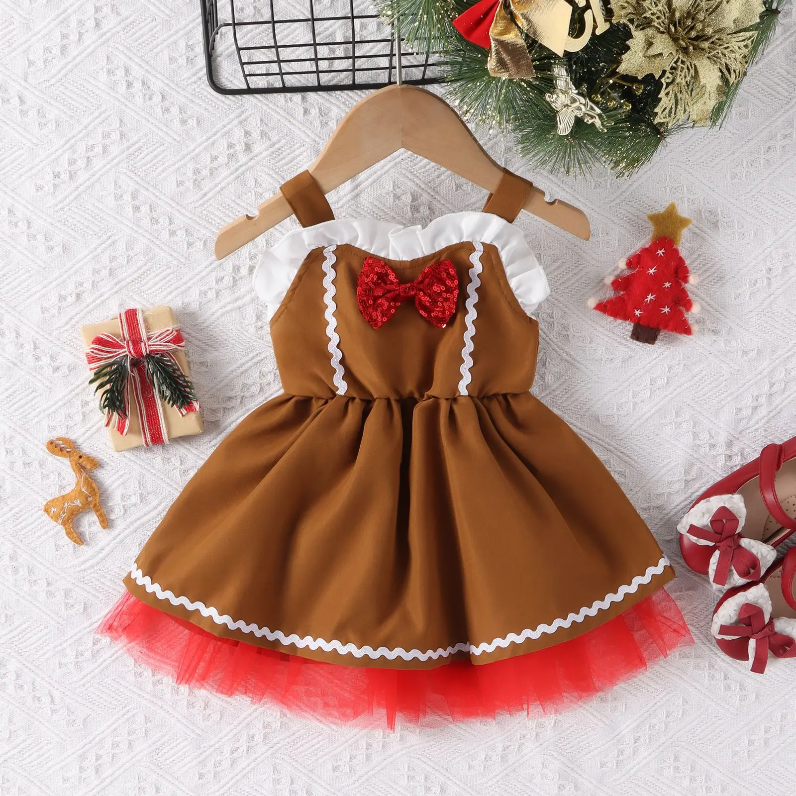 Модные рождественские платья для маленьких девочек 2023 года, платье принцессы с пайетками в виде коричневого оленя без рукавов для девочек, Новогодний рождественский костюм