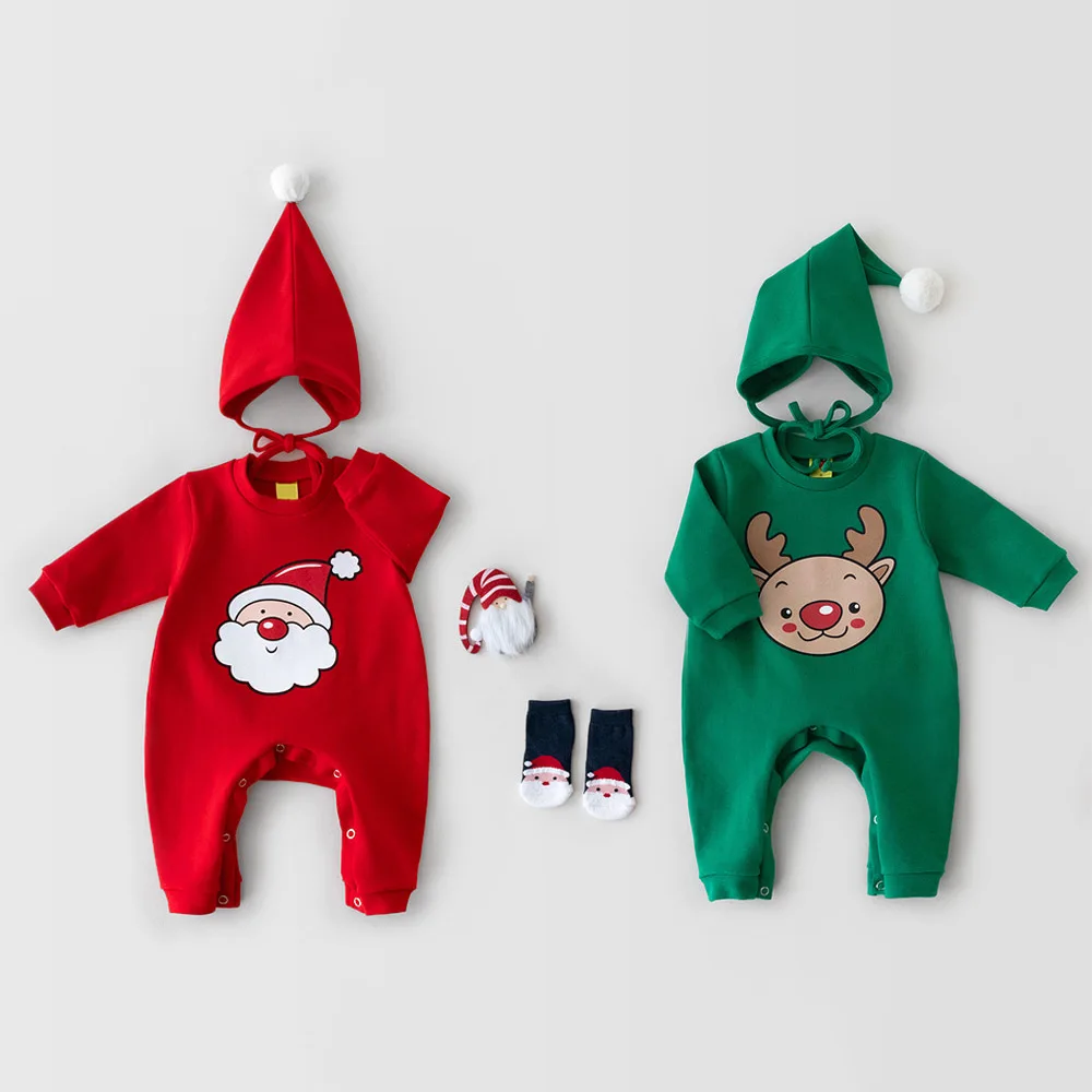 Комбинезон для новорожденных в корейском стиле, детский Рождественский комбинезон, милый костюм Санта-Клауса со Снеговиком с длинным рукавом, облегающий костюм со шляпами
