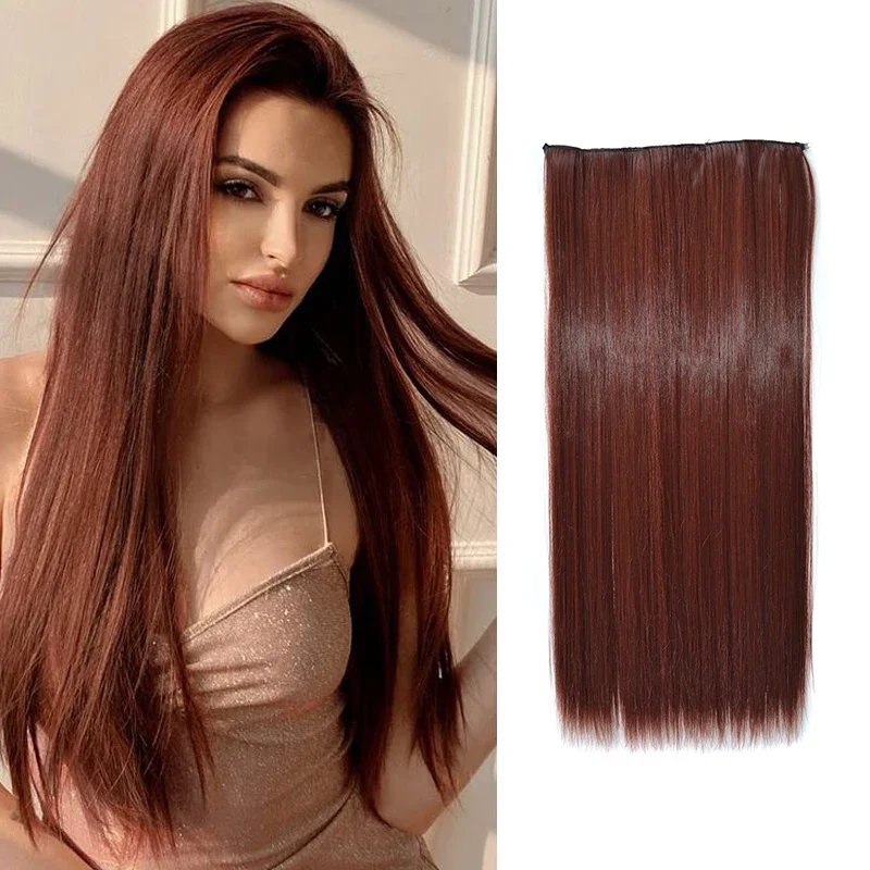 24 дюйма длиной, 5 зажимов, цельный шиньон для женщин, Синтетические натуральные прямые волосы для наращивания на всю голову, коричнево-красные накладные волосы