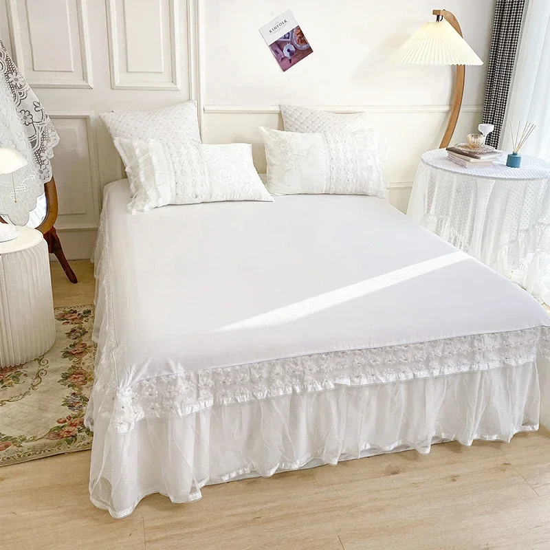 Свадебное украшение Элегантный кружевной комплект постельного белья для кровати в стиле принцессы, белый хлопковый пододеяльник, комплект постельного белья, покрывало, комплекты постельного белья