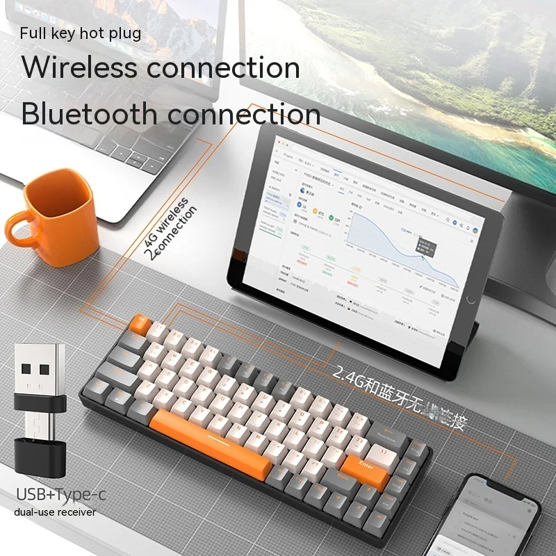 Игровая механическая клавиатура K68 Keyboard 2.4G Wireles 68-клавишная двухрежимная беспроводная связь Bluetooth hot plug синий / красный переключатель Gamer Keyboard