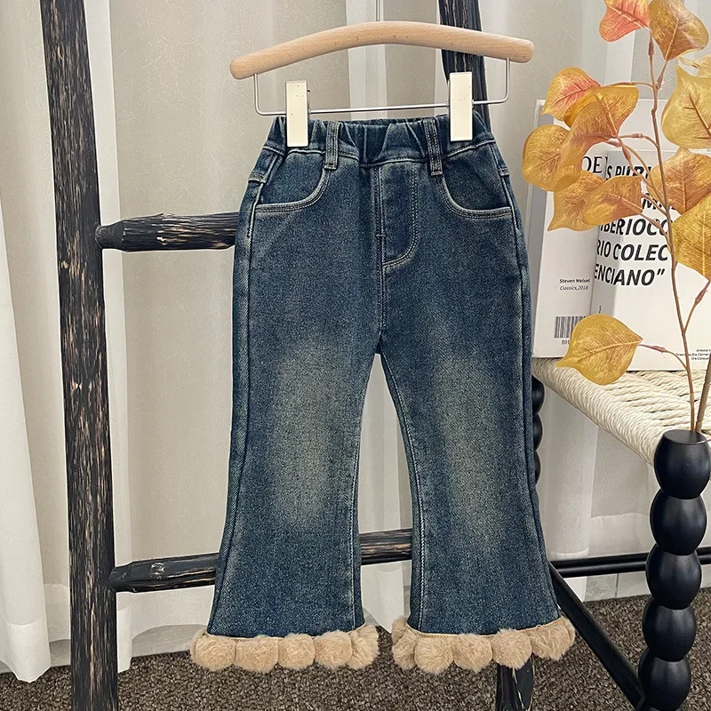 Детская одежда, брюки, Осенне-зимние модные Новые кружевные джинсы в корейском стиле, Кашемировые утолщенные джинсовые брюки полной длины.