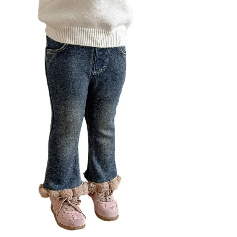 Детская одежда, брюки, Осенне-зимние модные Новые кружевные джинсы в корейском стиле, Кашемировые утолщенные джинсовые брюки полной длины.