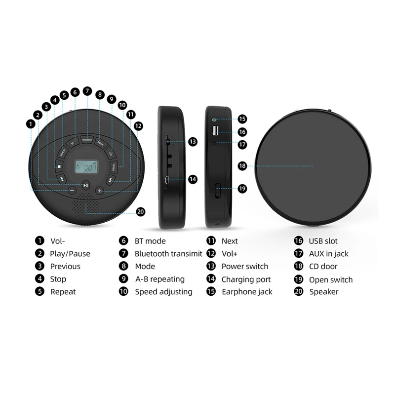 Bluetooth CD Walkman Перезаряжаемый CD-плеер Встроенный динамик с портом USB/AUX/Наушников