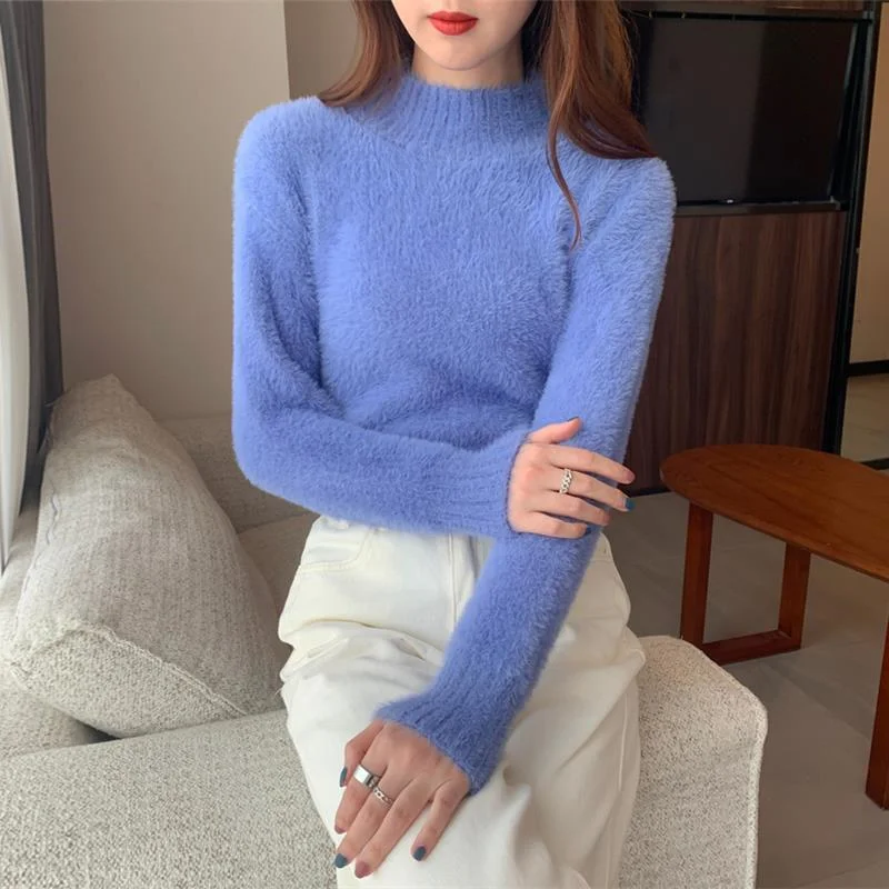 Новый пуловер с имитацией норки с полувысоким воротником, женский свитер 2023, однотонный короткий теплый пуловер с длинным рукавом, универсальный вязаный свитер