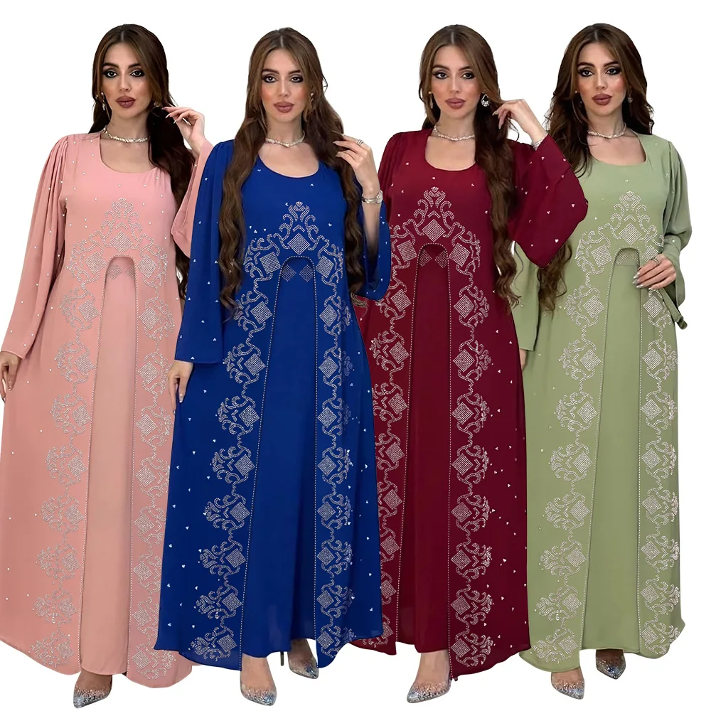 Мода Железная Дрель Поддельные Два Платья Шифоновый Халат Элегантное Мусульманское Женское Платье Для Вечеринки Дубай Абая Турция Ислам Длинные Вечерние Платья