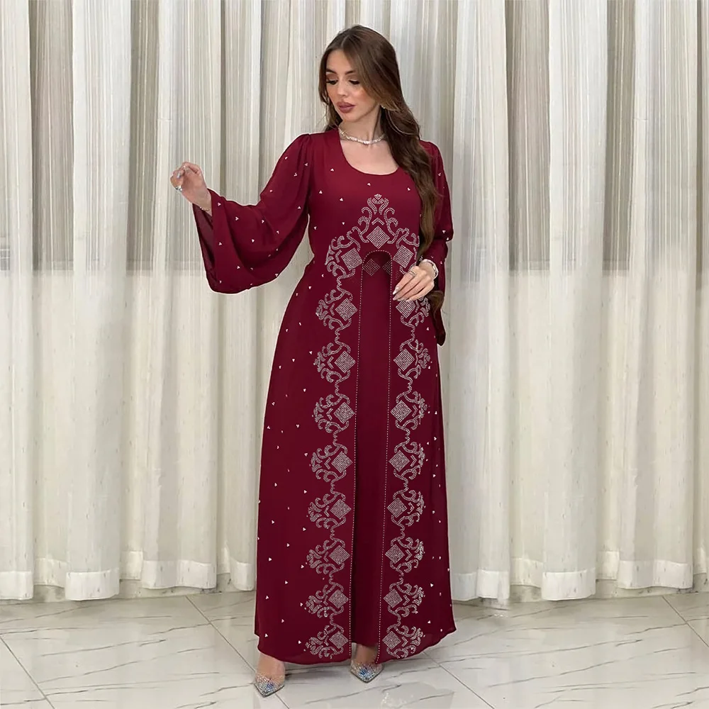 Мода Железная Дрель Поддельные Два Платья Шифоновый Халат Элегантное Мусульманское Женское Платье Для Вечеринки Дубай Абая Турция Ислам Длинные Вечерние Платья