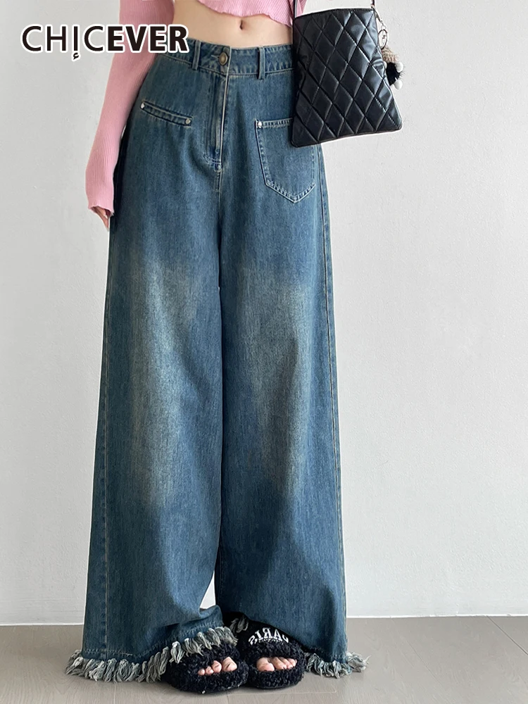 Женские винтажные широкие брюки CHICEVER в корейском стиле с высокой талией и кисточками в стиле пэчворк, модные свободные джинсовые брюки, женская осенняя одежда