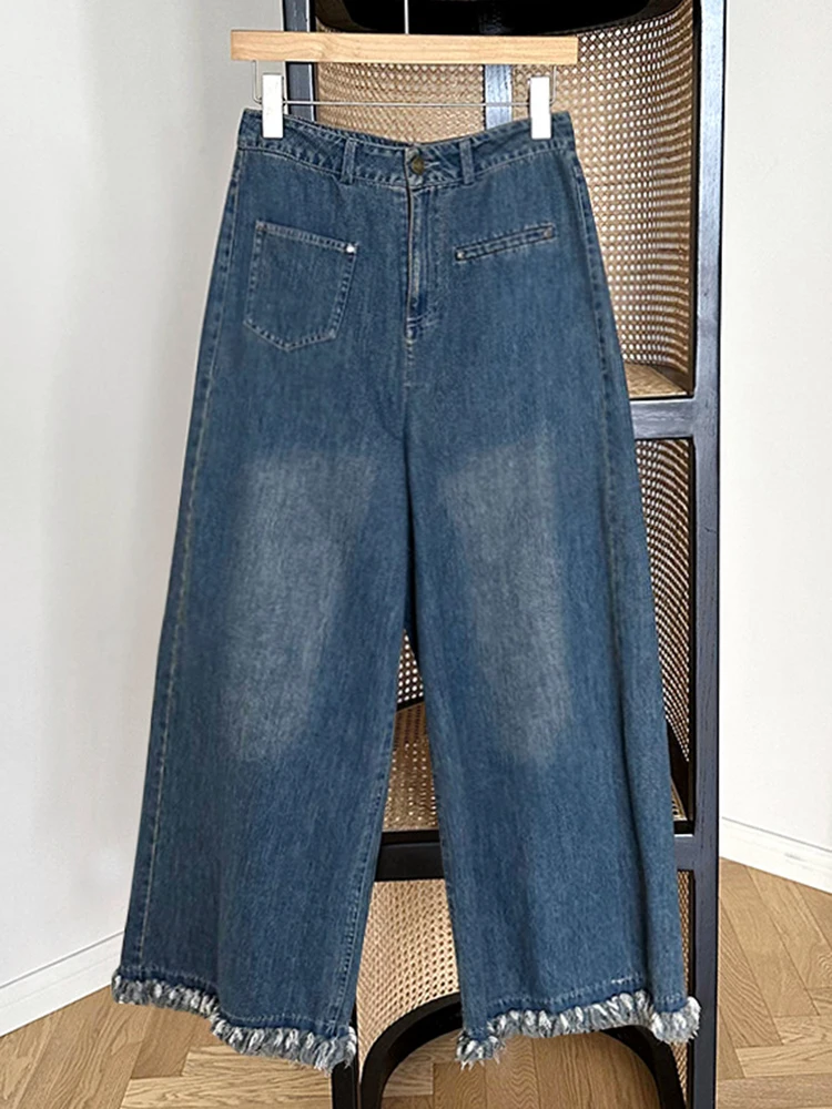 Женские винтажные широкие брюки CHICEVER в корейском стиле с высокой талией и кисточками в стиле пэчворк, модные свободные джинсовые брюки, женская осенняя одежда