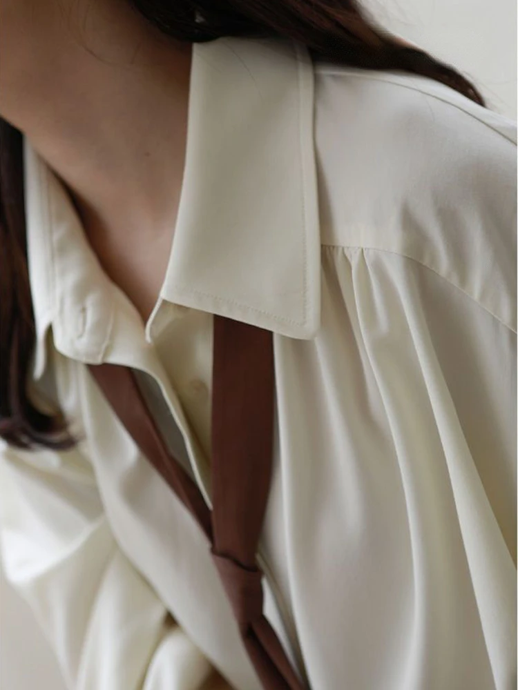 2023 Весенняя Минималистичная рубашка на пуговицах с длинным рукавом, женская рубашка в корейском стиле, однотонный галстук, рубашки оверсайз, блузка, Свободная одежда, топы