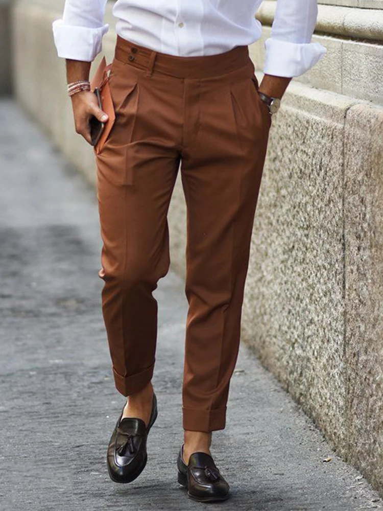Брюки в итальянском стиле, сшитые на заказ, сшитые на заказ брюки медного цвета, легкие неаполитанские брюки с высокой талией, удлиненный язычок, одинарные складки