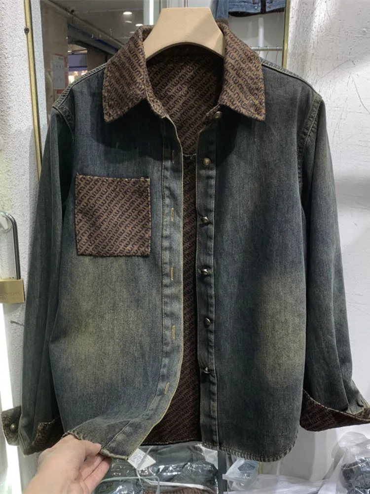 Бархатная джинсовая рубашка контрастного цвета, джинсовая куртка в стиле пэчворк, женское демисезонное поло Design Sense, маленькое повседневное тонкое джинсовое пальто