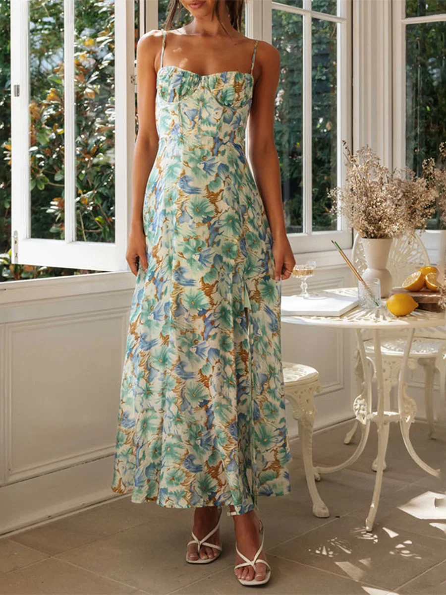 Женское летнее длинное пляжное платье без рукавов с открытой спиной и цветочным принтом на завязках Праздничное платье