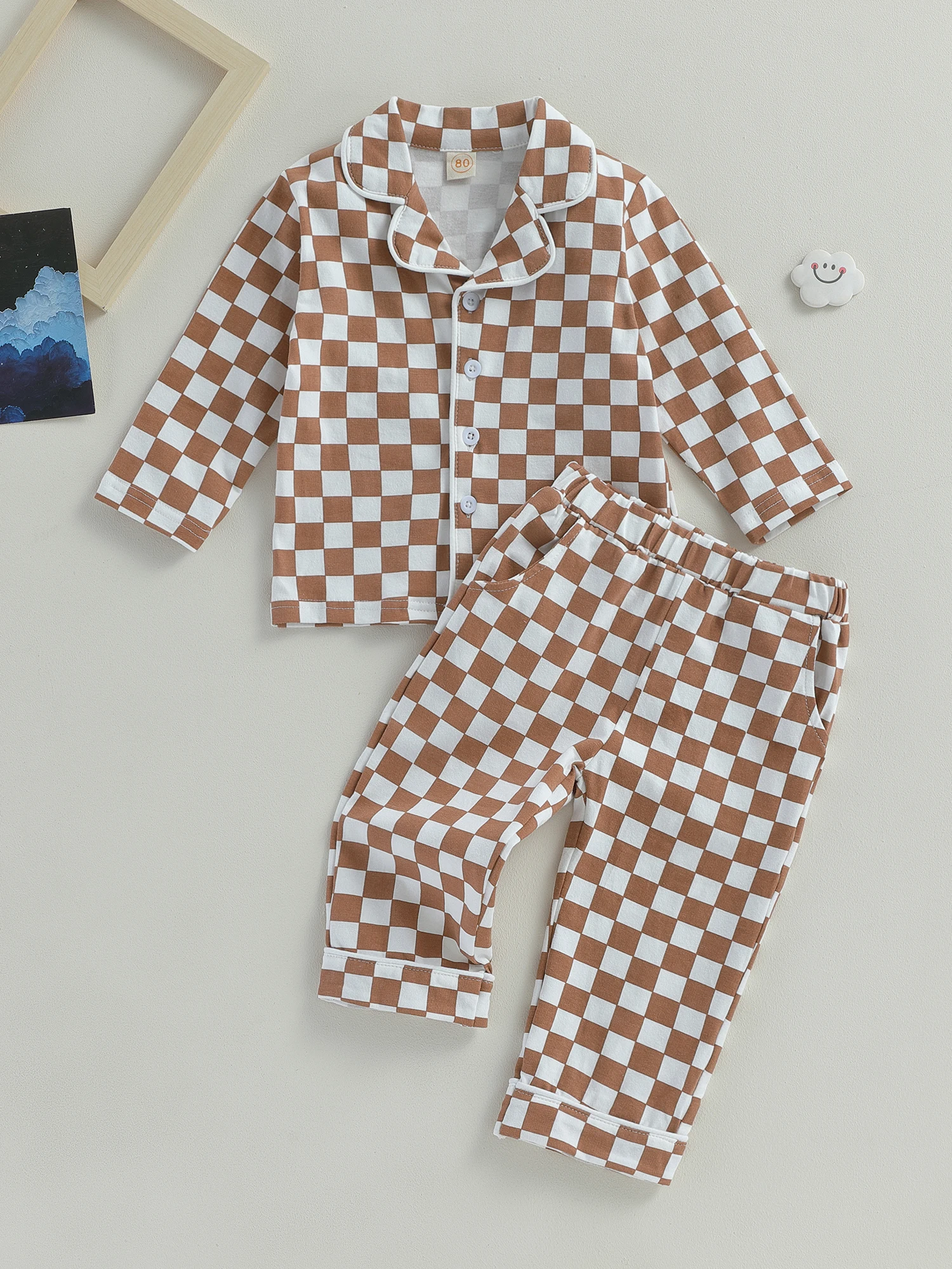 Детский пижамный комплект в клетку с принтом, топы с длинными рукавами и застежкой на пуговицы, брюки с эластичным поясом, пижамы для малышей