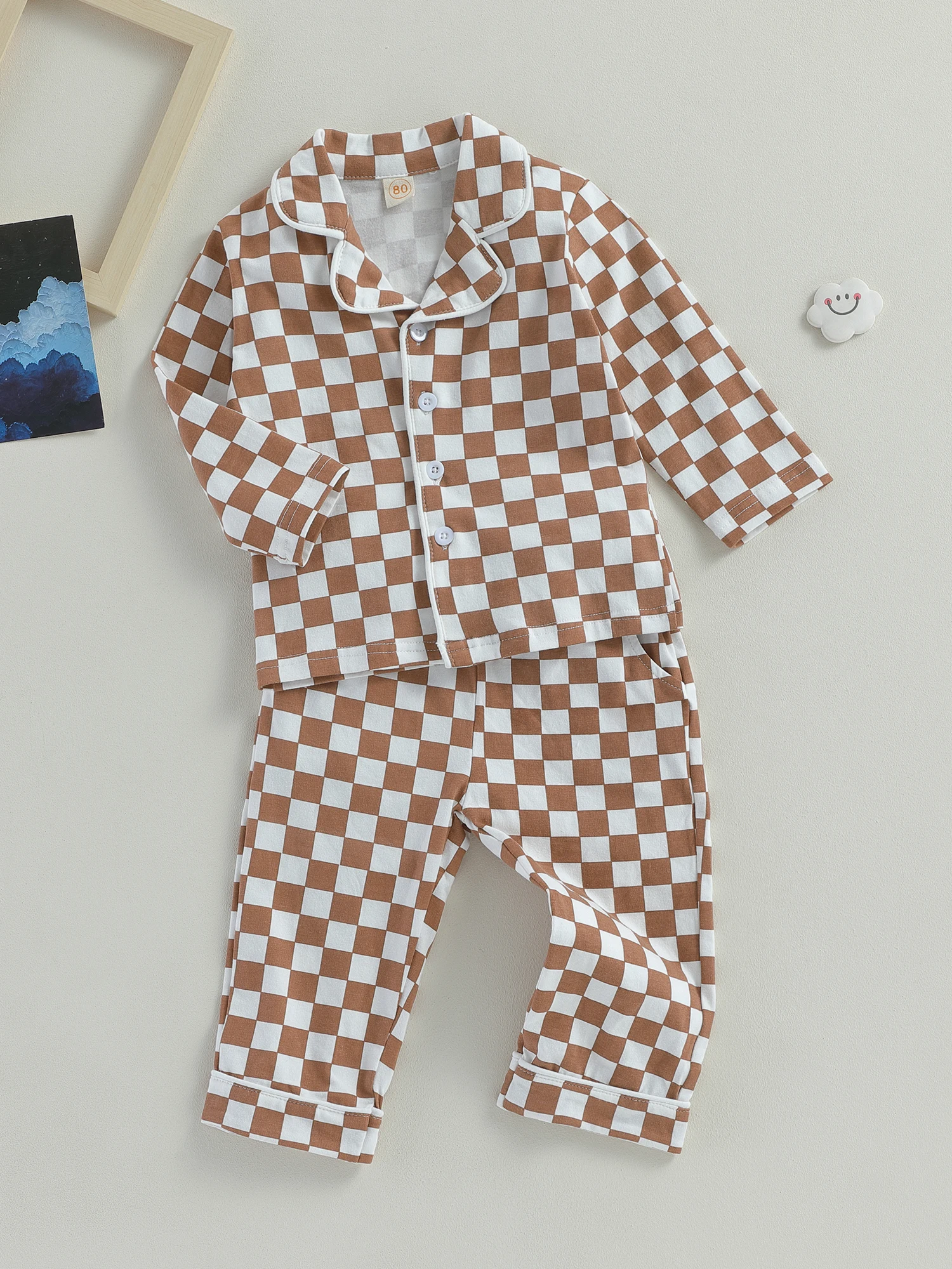 Детский пижамный комплект в клетку с принтом, топы с длинными рукавами и застежкой на пуговицы, брюки с эластичным поясом, пижамы для малышей