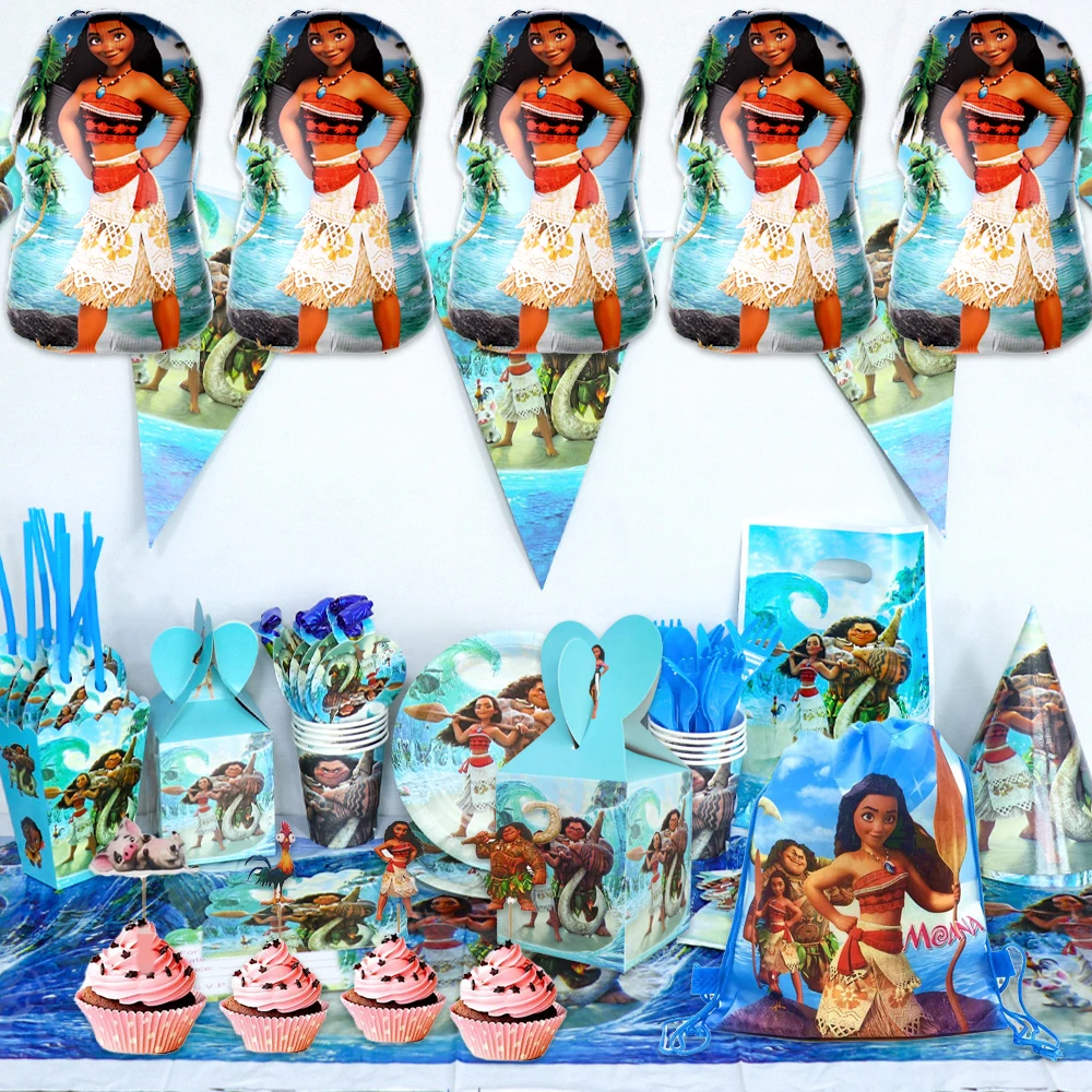 Тематические подарки Moana Princess, Сумки, воздушные шары, Тарелки, Соломинки, Топпер для кексов, Салфетки для вечеринки с Днем рождения, украшения, Завитки, Баннер