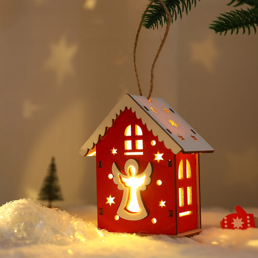 Новый Рождественский Деревянный Домик, Подвеска, Светящиеся светодиодные Елочные украшения, Лось, Санта, Красный Ангел, Домик для праздничной вечеринки, Домашний декор 2024 года, Новый Год