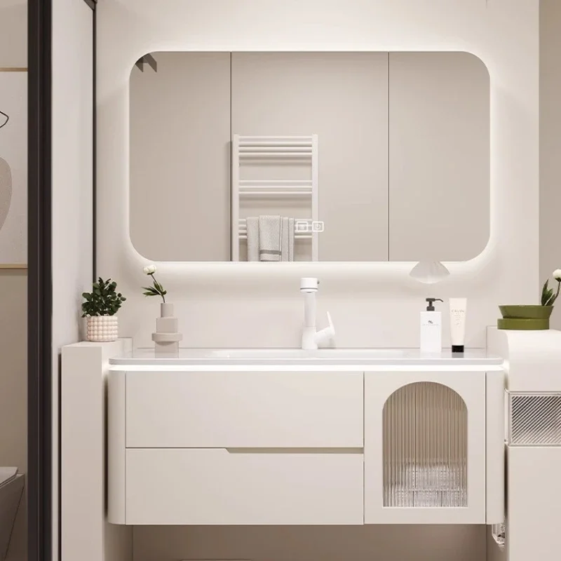 Современный простой дубовый шкаф для ванной комнаты, умное зеркало, встроенный керамический умывальник, туалетный столик для ванной комнаты, раковина, мебель для ванной комнаты
