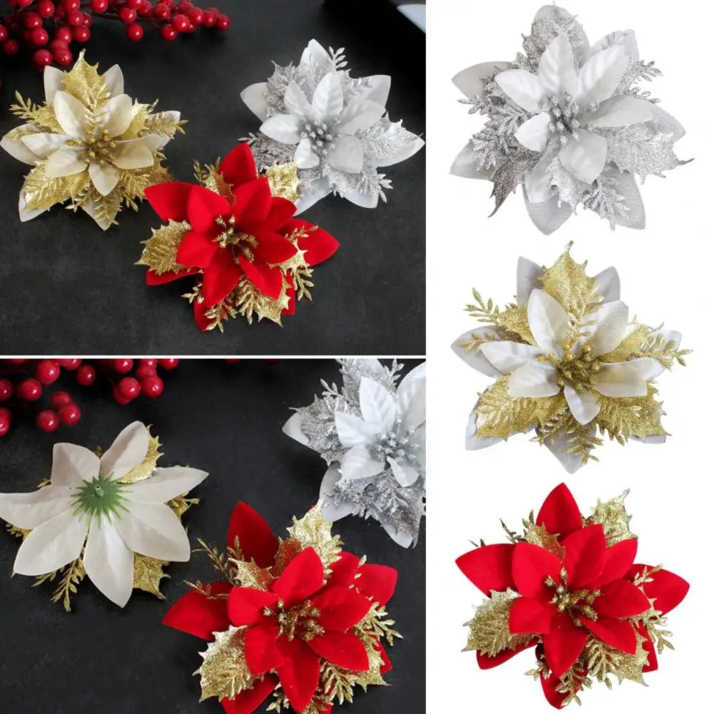 Блестящий Рождественский цветок, долговечные рождественские украшения, сверкающие рождественские украшения из искусственных цветов, блестки на Рождество
