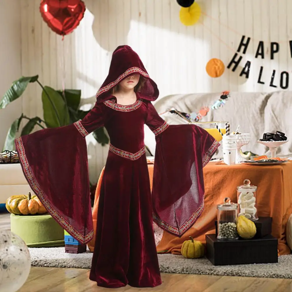 Средневековое косплейное платье ведьмы Костюмы на Хэллоуин Для детей и девочек Карнавальная вечеринка средних веков с длинным капюшоном 2024