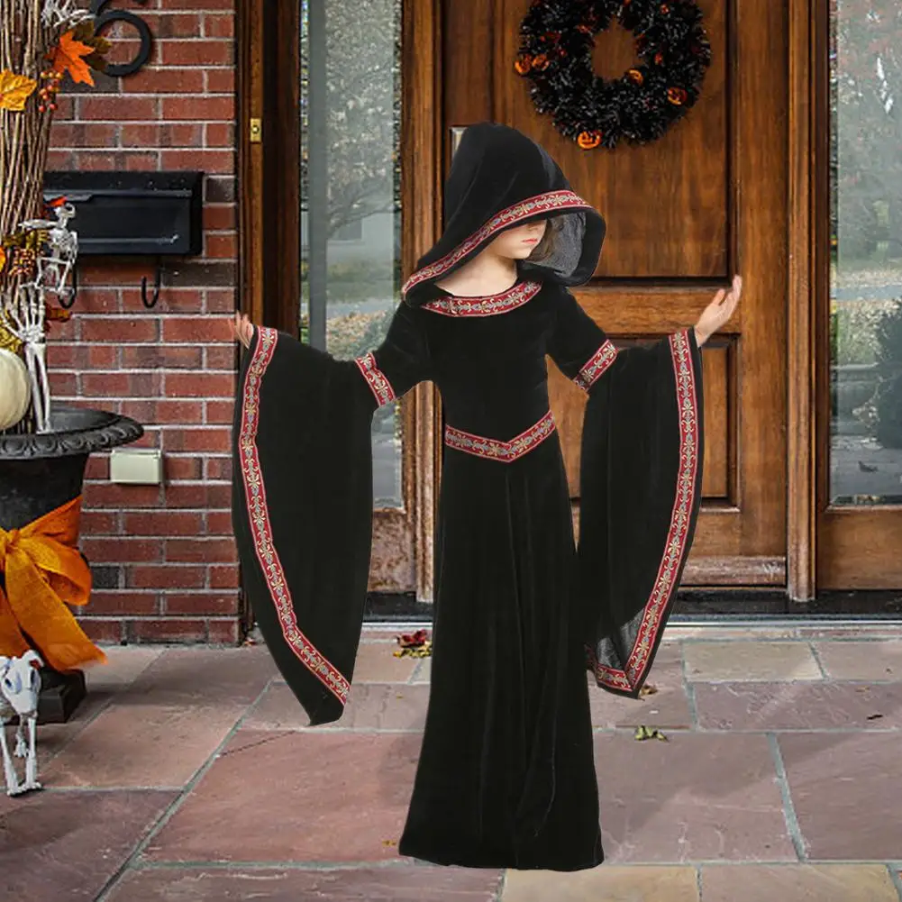 Средневековое косплейное платье ведьмы Костюмы на Хэллоуин Для детей и девочек Карнавальная вечеринка средних веков с длинным капюшоном 2024