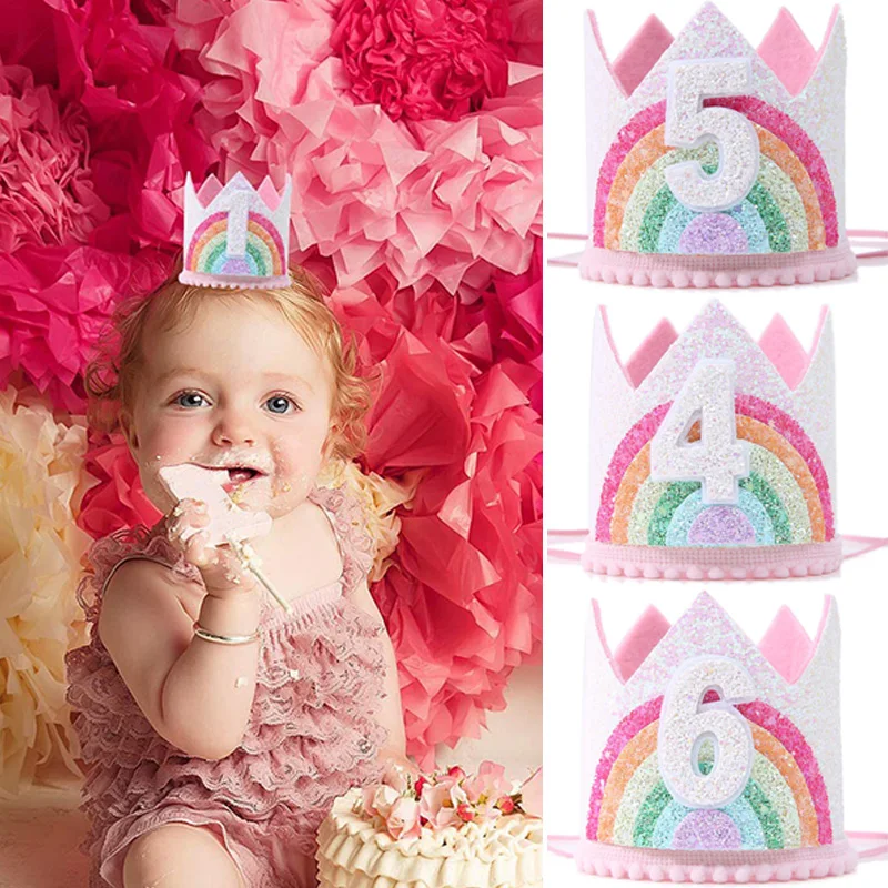 Фетровая шляпа на день рождения для детей радужная Принцесса девушка день рождения Корона 1-й 2-й 3-й счастливый день рождения декор малыш, день рождения девочки шляпа