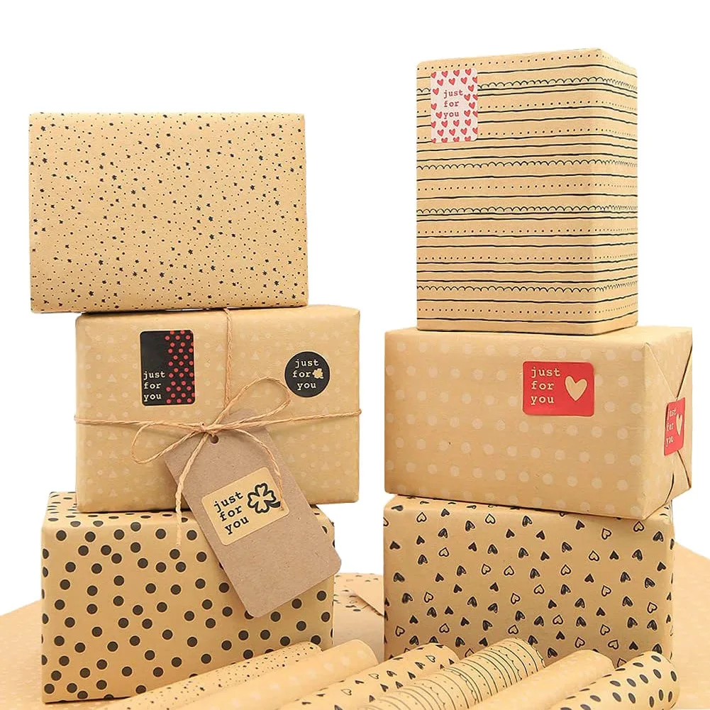 Крафт-бумага для упаковки подарков, бумага для упаковки на день рождения, 6 листов Крафт-коричневой оберточной бумаги с бирками, джутовыми нитками и наклейкой