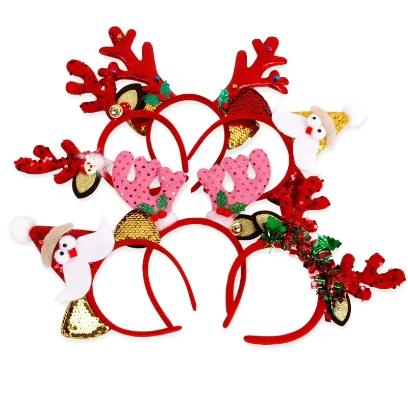 Проданы новые трансграничные рождественские повязки на голову, рождественские украшения, украшения для вечеринок, красные повязки с блестками и оленьими рогами