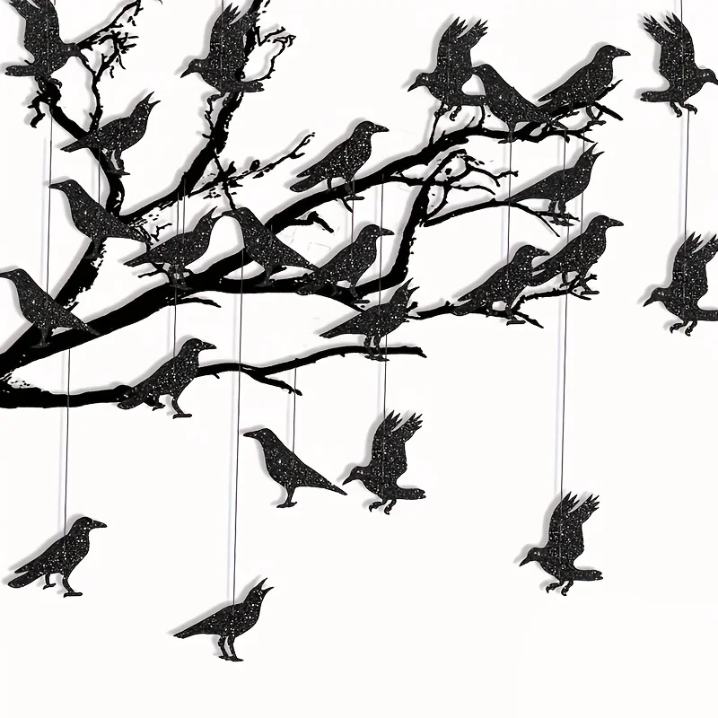 Блестящие черные вороны украшают готические деревья на Хэллоуин, развешивают баннеры с изображением птиц; Принадлежности для вечеринок, украшения на Хэллоуин