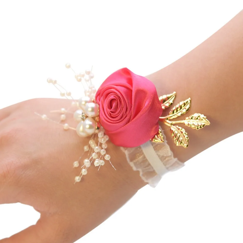 Жемчужно-розовая лента из полиэстера для подружки невесты, свадебный браслет с цветами на запястье