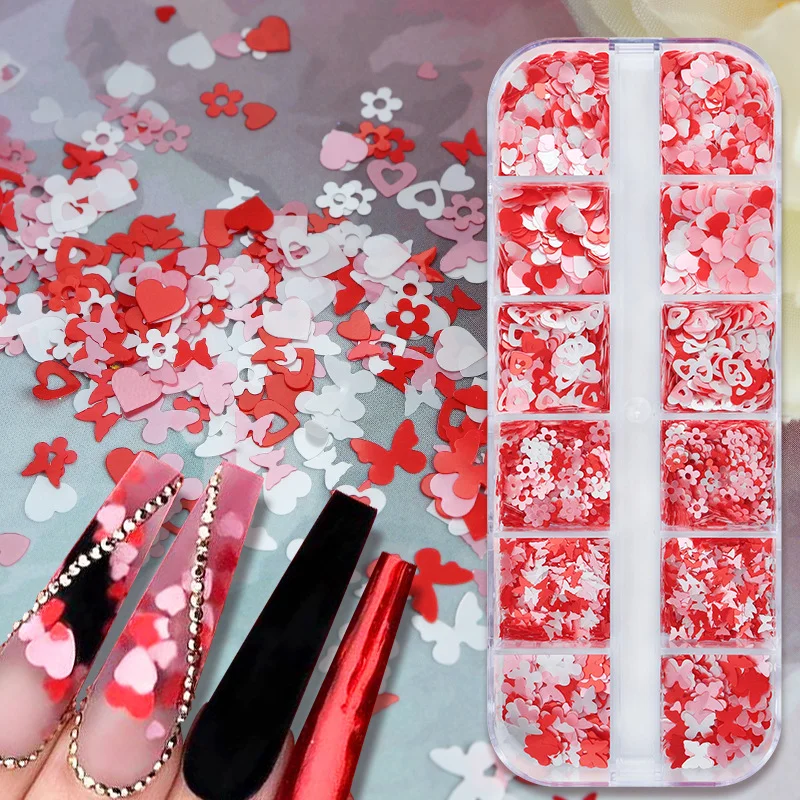 Наклейки для ногтей в сетчатой коробке 12 Розовых Аксессуаров для ногтей на День Святого Валентина Бабочка Цветок Любовь Блестки Универсальные наклейки для маникюра