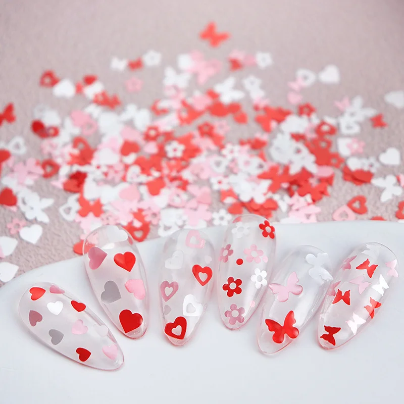 Наклейки для ногтей в сетчатой коробке 12 Розовых Аксессуаров для ногтей на День Святого Валентина Бабочка Цветок Любовь Блестки Универсальные наклейки для маникюра