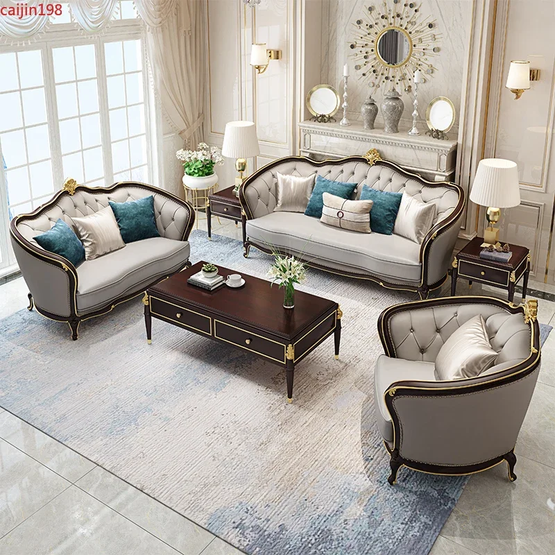Частный изготовленный на заказ американский легкий роскошный диван из массива дерева с французской кожаной резьбой, небольшая роскошная комбинированная мебель для гостиной 123
