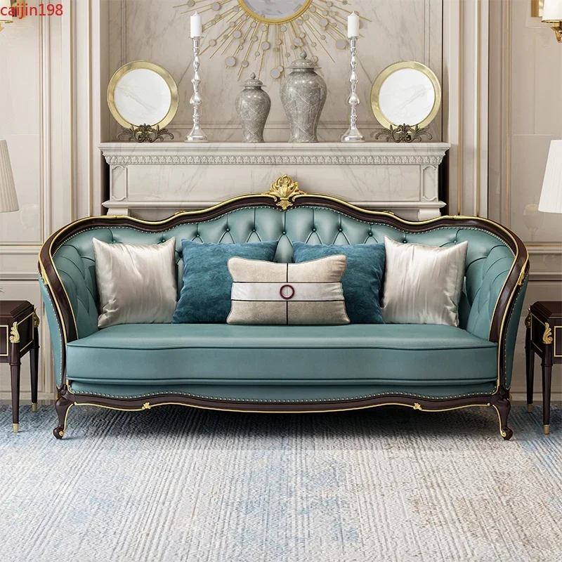 Частный изготовленный на заказ американский легкий роскошный диван из массива дерева с французской кожаной резьбой, небольшая роскошная комбинированная мебель для гостиной 123