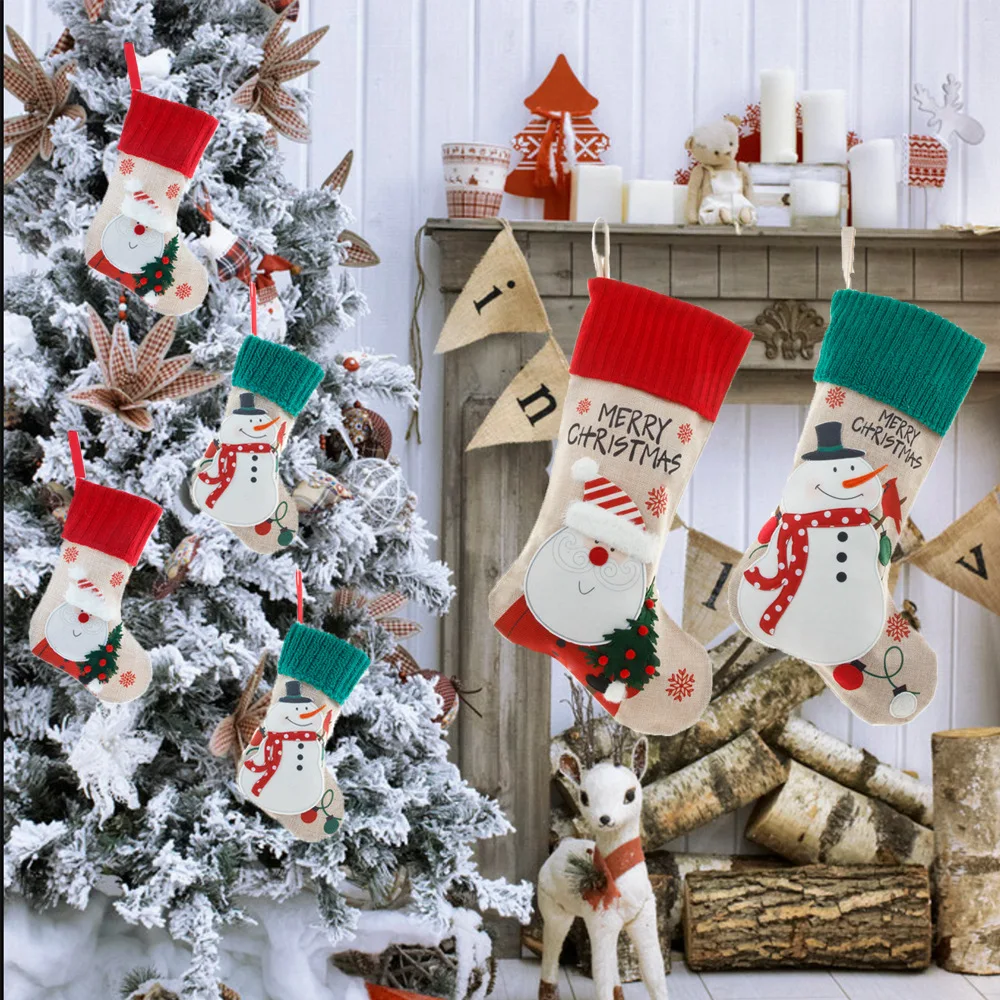 2024 Новые Рождественские украшения Льняная вышивка Старик Снеговик Подарочная сумка с кулоном Рождественские Носки Подарочные пакеты