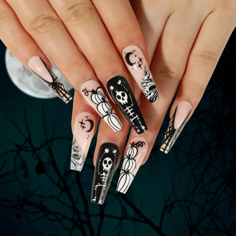 24шт Длинные квадратные накладные ногти Белый мультфильм Духовный триллер Хэллоуин для ногтей Принадлежности для женщин и девочек