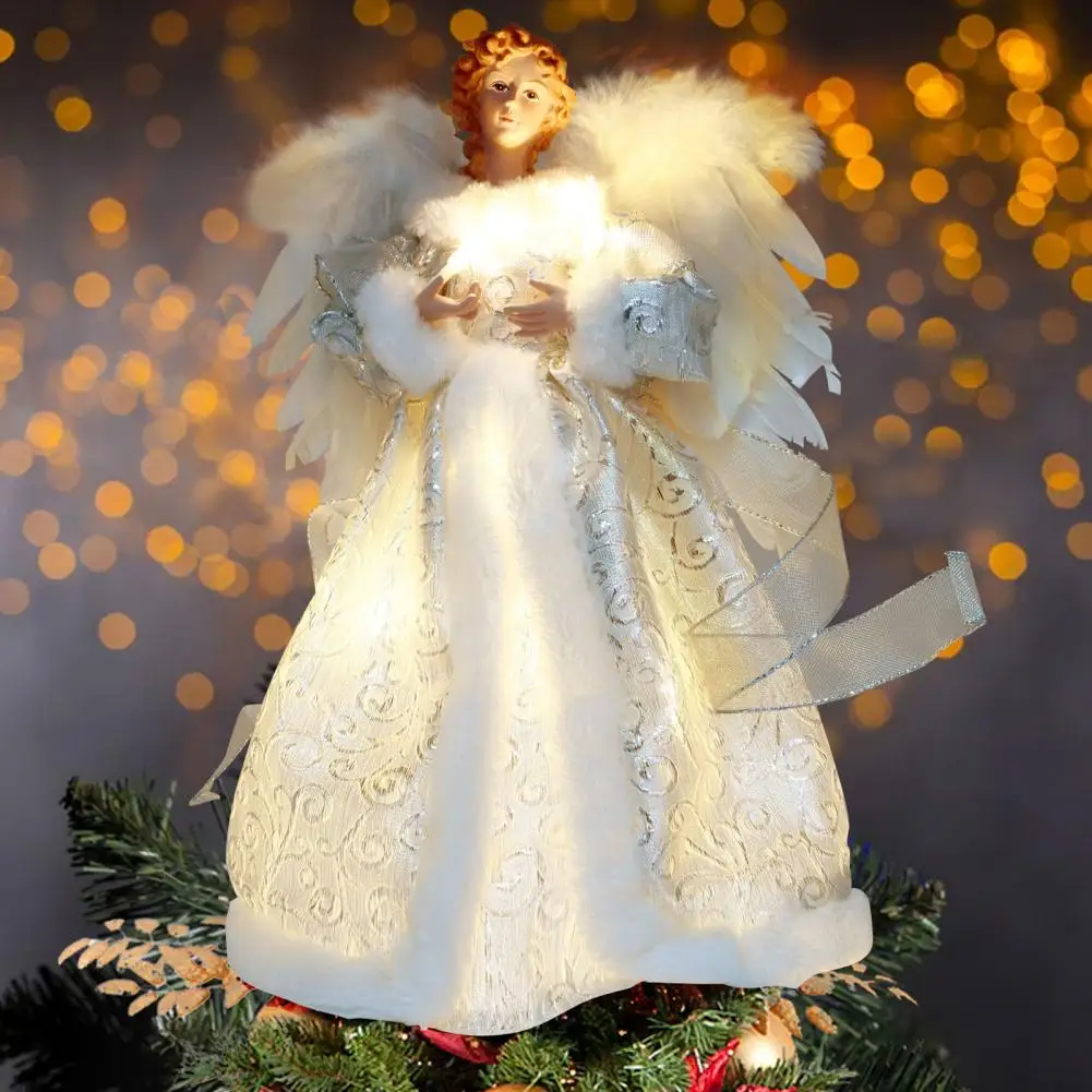 Угловой Топпер для Рождественской елки, украшенный сверкающими перьями Ангела, Топпер для елки, Многоразовое праздничное украшение со светящимися крыльями для длинного платья