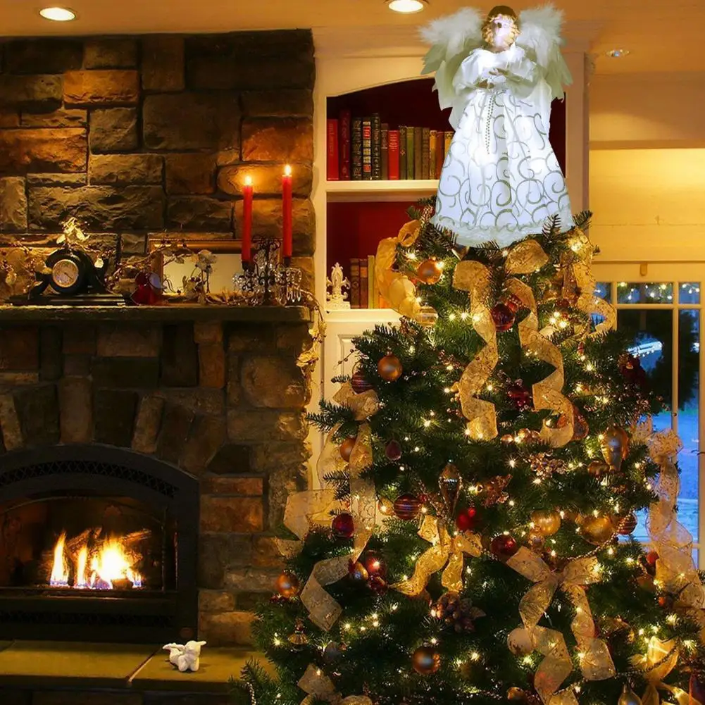 Угловой Топпер для Рождественской елки, украшенный сверкающими перьями Ангела, Топпер для елки, Многоразовое праздничное украшение со светящимися крыльями для длинного платья