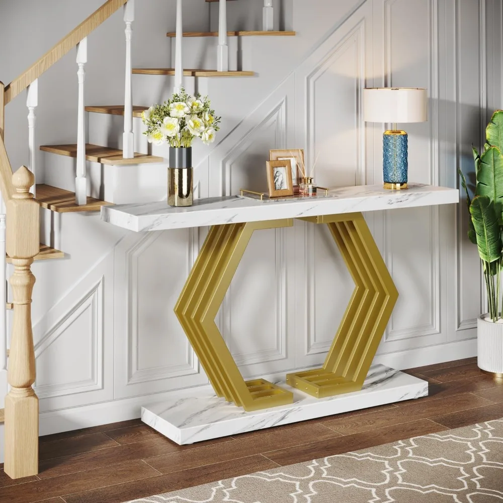 Золотой консольный столик, современный 39,4-дюймовый столик для прихожей с геометрическим металлическим основанием, Узкий диван из искусственного мрамора в фойе, столик в гостиной
