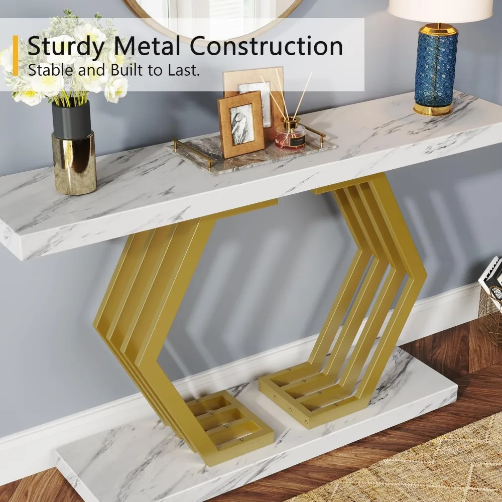 Золотой консольный столик, современный 39,4-дюймовый столик для прихожей с геометрическим металлическим основанием, Узкий диван из искусственного мрамора в фойе, столик в гостиной