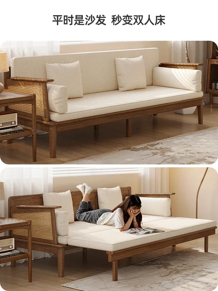 Скандинавский диван-кровать из массива дерева, гостиная, домашний малогабаритный ретро-ротанговый выдвижной раскладной диван-кровать