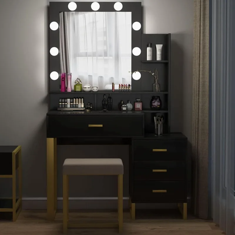 Туалетный столик с зеркалом с подсветкой, туалетный столик для макияжа со светодиодной подсветкой, выдвижными ящиками, полками для хранения и мягким табуретом
