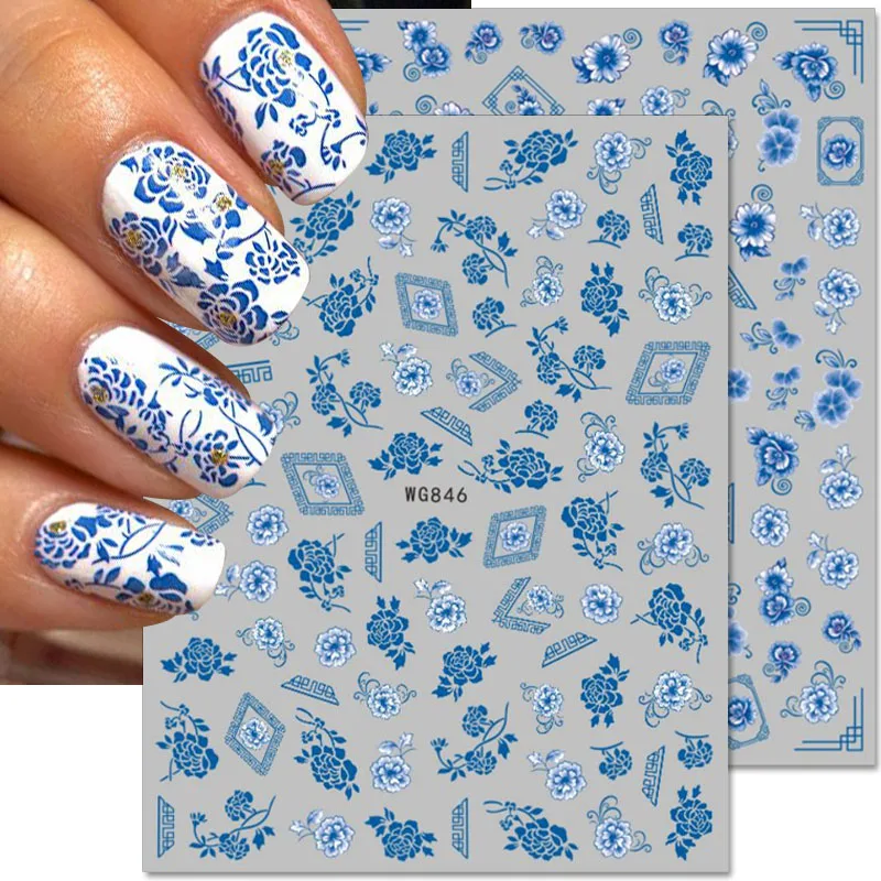 Наклейки для ногтей в стиле ретро из морской волны, Дизайн ногтей в стиле китайской керамики, Наклейки для ногтей в виде синего цветка, наклейки для ногтей в виде дракона, наклейки для ногтей, Аксессуары для ногтей