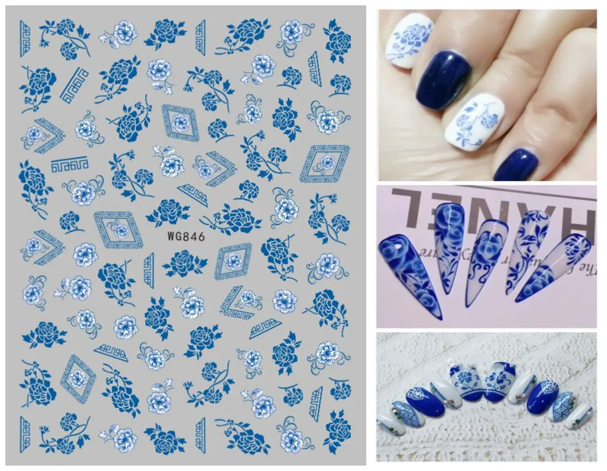 Наклейки для ногтей в стиле ретро из морской волны, Дизайн ногтей в стиле китайской керамики, Наклейки для ногтей в виде синего цветка, наклейки для ногтей в виде дракона, наклейки для ногтей, Аксессуары для ногтей
