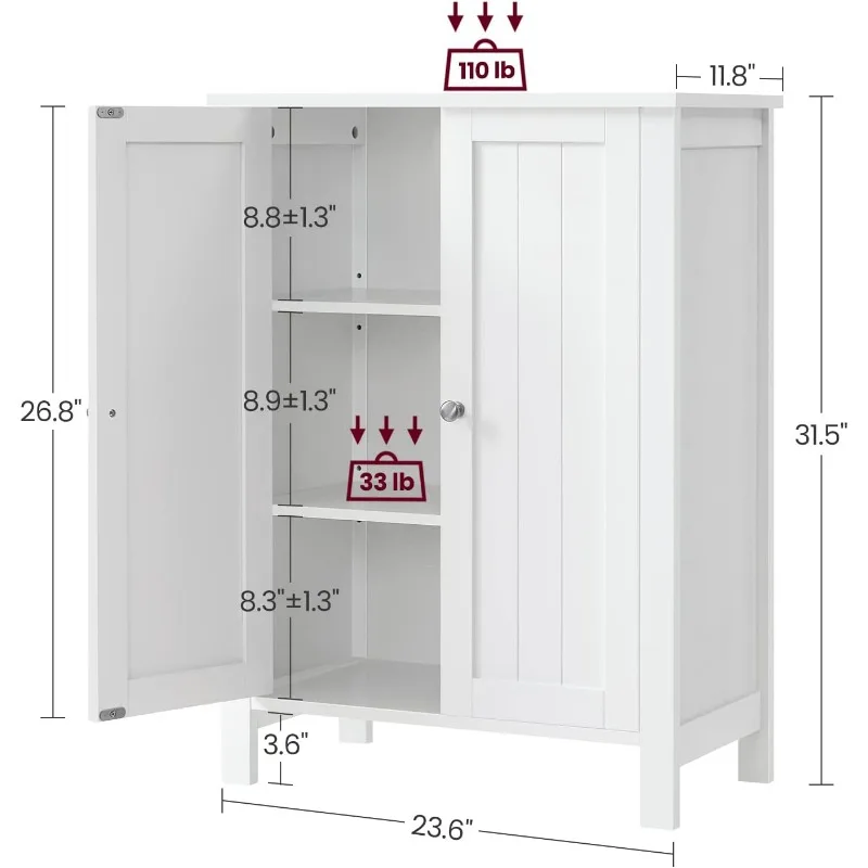Напольный шкаф для хранения в ванной комнате VASAGLE, Блок для хранения в ванной комнате с 2 регулируемыми полками, Отдельно Стоящий шкаф для ванной комнаты